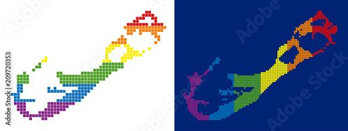 Dot LGBT Bermuda Island map versions. Vector geographic plans in LGBT flag colors with vertical and horizontal directions on white and blue backgrounds.