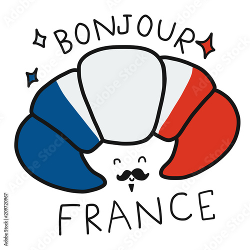 Bonjour (mean good morning in English) France word and croissant cartoon vector illustration