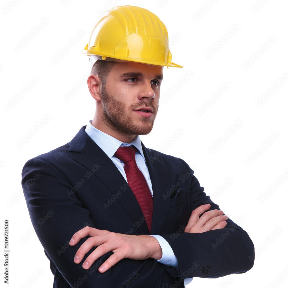 portrait of confident engineer boss looking to side