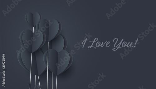 Black hearts with blue lighting. Paper flying elements on dark blue background postcard. Vector symbols of love in shape of heart for Happy Women, mom, love's Day, birthday greeting card design