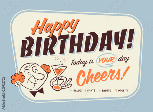 Vintage Style Happy Birthday Card - Cheers! 