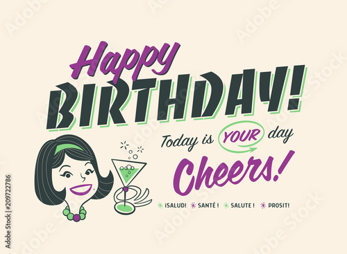 Vintage Style Happy Birthday Card - Cheers! 