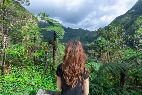Girl admiring the view at Grand Etang in Saint Benoit, Reunion Island
