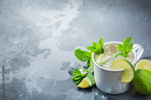 Moscow mule cocktail with vodka, ginger beer, lime and mint