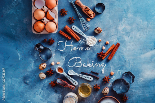 Fényképezés Header with baking tools and ingredients on a stone kitchen table