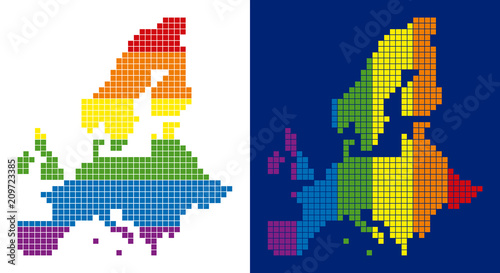 Dotted LGBT European Union map variants. Vector geographic plans in LGBT rainbow colors with vertical and horizontal directions on white and blue backgrounds.