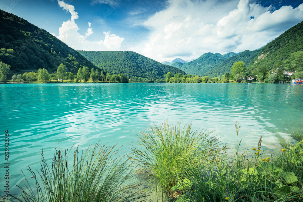 Emerald green water at Most na Soci Lake in Slovenia