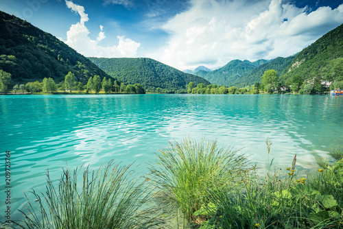 Emerald green water at Most na Soci Lake in Slovenia