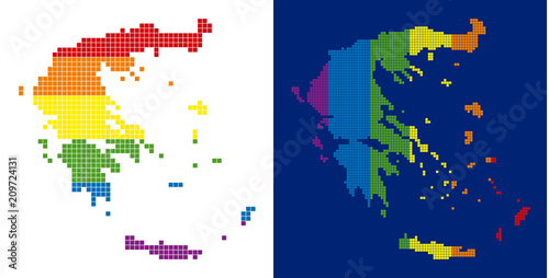 Dot LGBT Greece map versions. Vector geographic maps in rainbow colors with vertical and horizontal directions on white and blue backgrounds.
