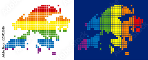 Dot LGBT Hong Kong map versions. Vector geographic plans in LGBT rainbow colors with vertical and horizontal directions on white and blue backgrounds.