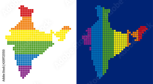 Dot LGBT India map variants. Vector geographic schemes in spectral colors with vertical and horizontal directions on white and blue backgrounds.