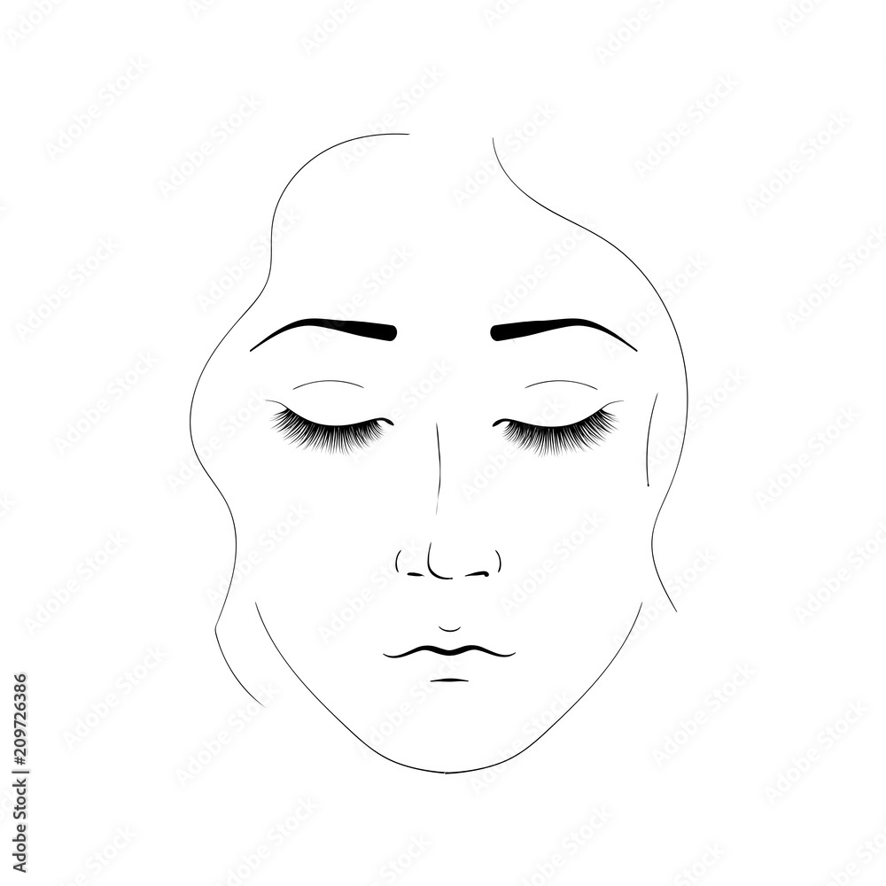 The girl face is created by black lines. Elegant portrait of a woman with closed eyes and beautiful eyelashes. Element for cosmetic salon procedures