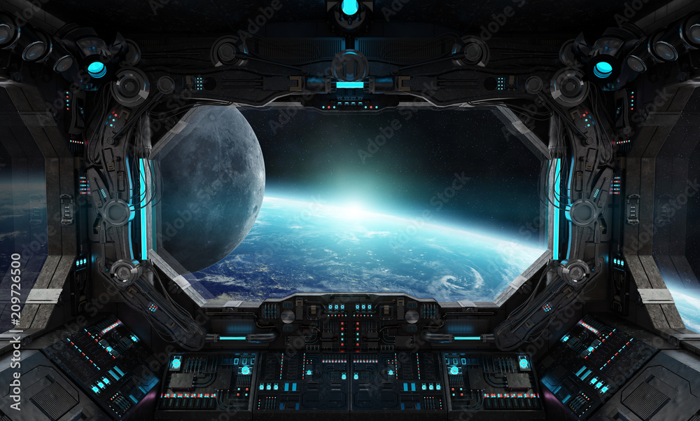 Fototapeta premium Spaceship grunge interior with view on planet Earth