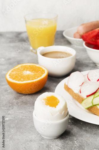 Various healthy breakfast on gray background