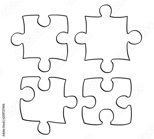 Vector artistic pen and ink drawing illustration of four jigsaw puzzle pieces.