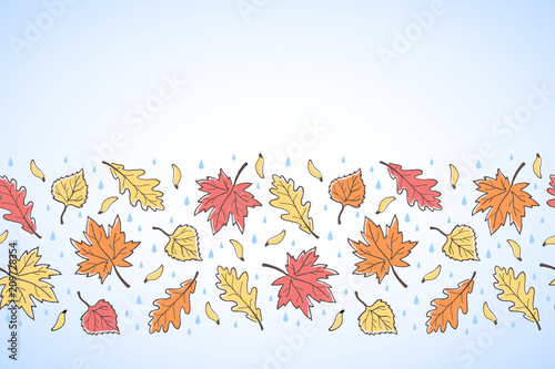 Hand drawn doodle style autumn, fall background with space for text. Horizontal seamless repeat border, frame made of maple, poplar, oak leaves, seeds and raindrops.