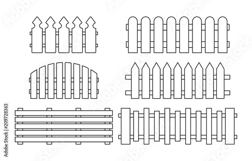 Wooden fence set. Simple outline design isolated on white