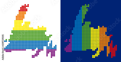 Dotted LGBT Newfoundland Island map variants. Vector geographic plans in LGBT flag colors with vertical and horizontal directions on white and blue backgrounds.