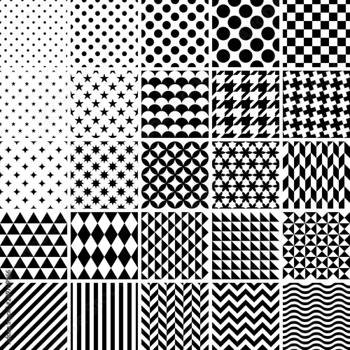 Set of 25 classic geometric patterns. Vector black and white textures.
