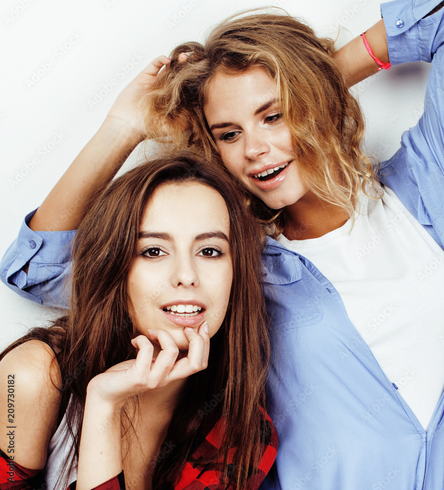 Bright stylish lifestyle urban portrait of two pretty best friends girls  posing Stock Photo | Adobe Stock
