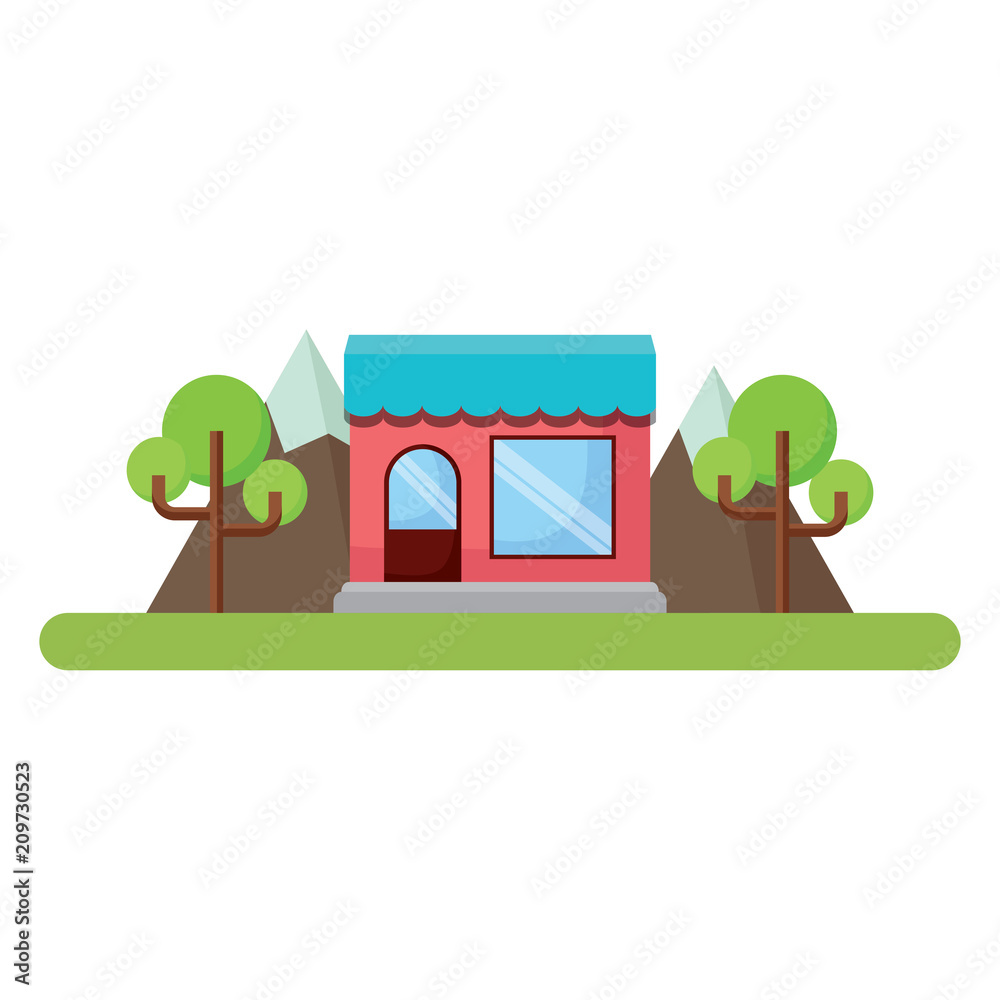 trees and stores over white background, colorful design. vector illustration