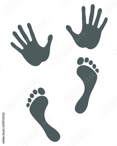 Symbols footprint and handprint. Monochrome imprint of human foot and palm. Gray sign isolated on white background. Vector illustration