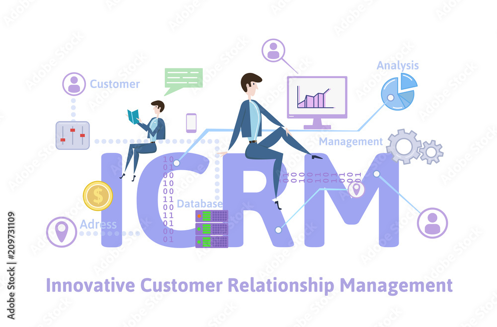 ICRM, innovative customer relationship management. Concept with keywords, letters and icons. Colored flat vector illustration on white background.
