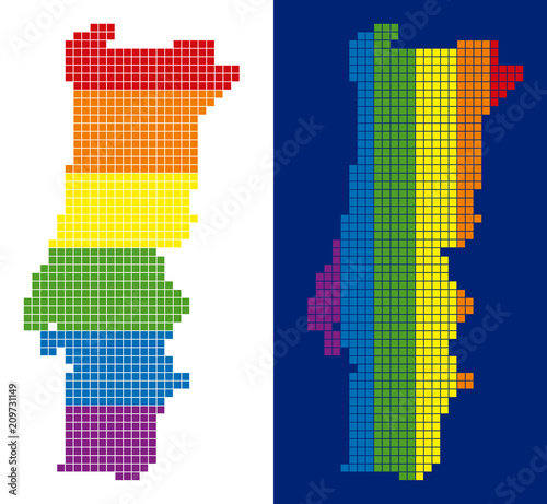 Dot LGBT Portugal map versions. Vector geographic schemes in spectral colors with vertical and horizontal directions on white and blue backgrounds.