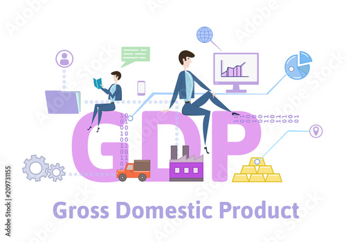 GDP, Gross Domestic Product. Concept with keywords, letters and icons. Colored flat vector illustration on white background.