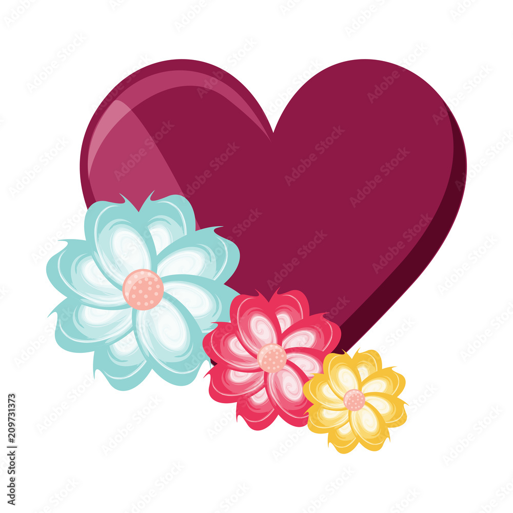 heart with beautiful flowers over white background, colorful design. vector illustration