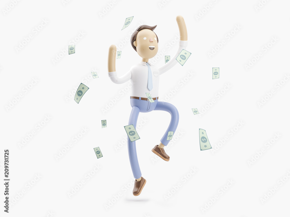 3d illustration. Businessman Jimmy is happy under the money rain