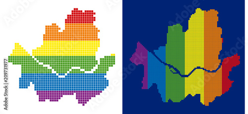 Dotted LGBT Seoul city map variants. Vector geographic maps in LGBT flag colors with vertical and horizontal directions on white and blue backgrounds.