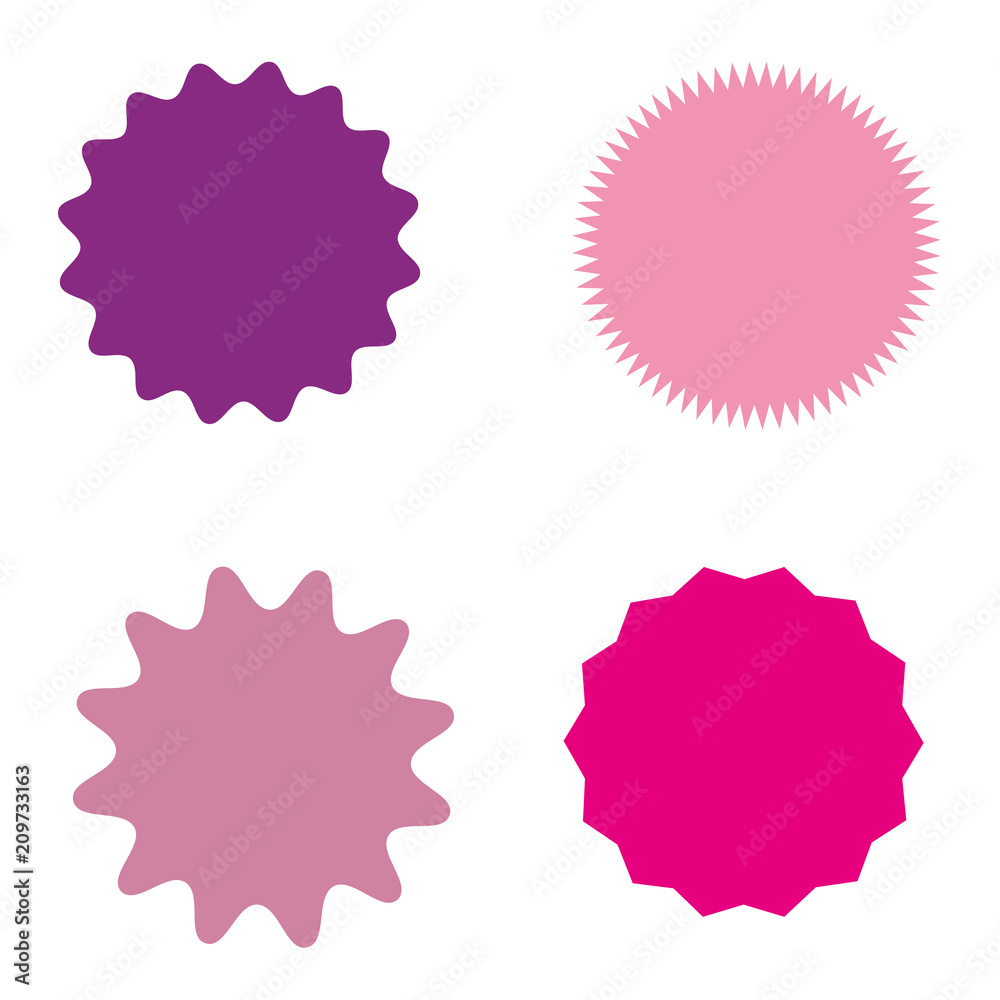 Set of starburst, sunburst badges, labels, stickers. Different shades of pink, violet, purple color. Set of starburst, sunburst badges, labels, stickers. Different shades of pink, violet, purple color.