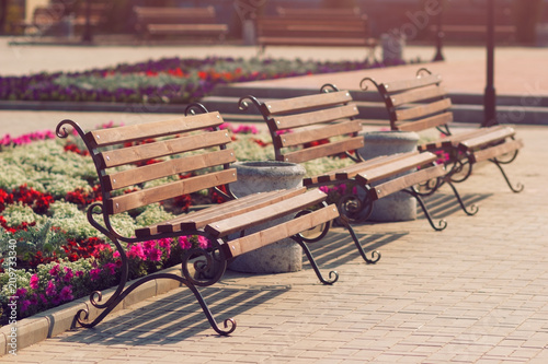 Obraz na plátně Empty retro vintage benches in park