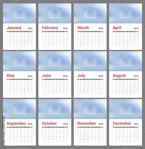 2019 calendar. English calender. Сolor vector template. Week starts on Sunday. Business planning. Clean minimal table. Simple design. New year planner