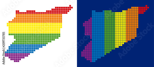 Dotted LGBT Syria map versions. Vector geographic maps in LGBT flag colors with vertical and horizontal directions on white and blue backgrounds. Color abstract concept of Syria map created of dots.