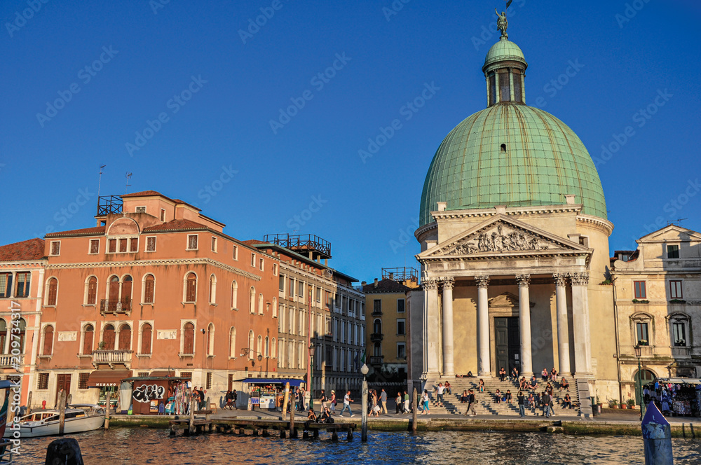 Overview of the San Simeone Piccolo Church, in front of the Canal Grande at the sunset in Venice, the historic and amazing marine city. Veneto region, northern Italy