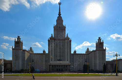 old classic building of Moscow University (Stalin skyscraper)  with cloudy blue sky. Russia