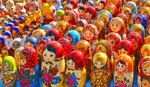 colorful Souvenir Russian nested dolls or matrioshka, babushka close up