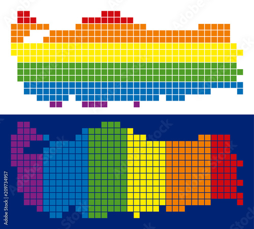 Dot LGBT Turkey map variants. Vector geographic plans in rainbow colors with vertical and horizontal directions on white and blue backgrounds.