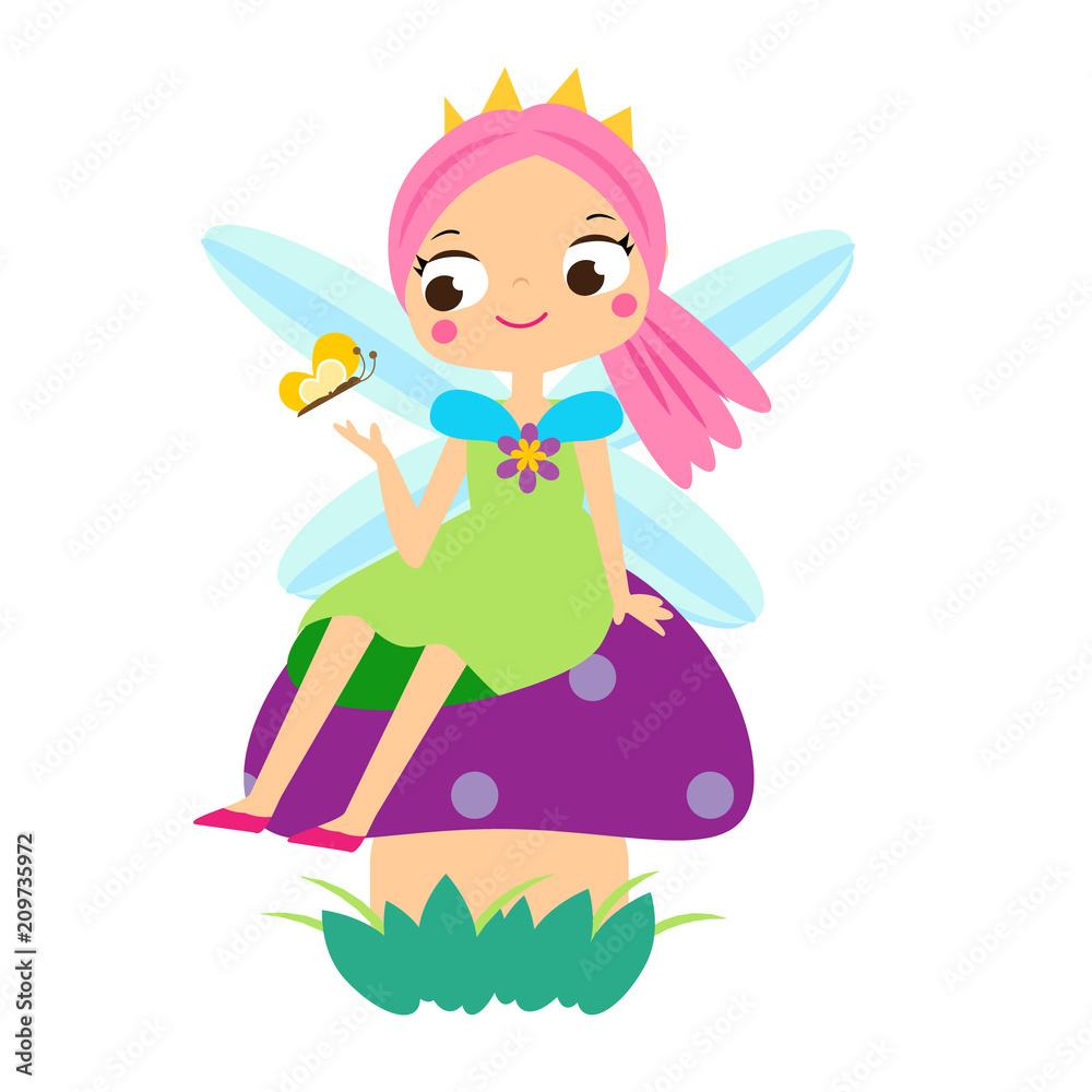 Cute fairy sitting on mushroom. Cartoon little flying fairy, pixie, elf character Cute fairy sitting on mushroom. Cartoon little flying fairy, pixie, elf character