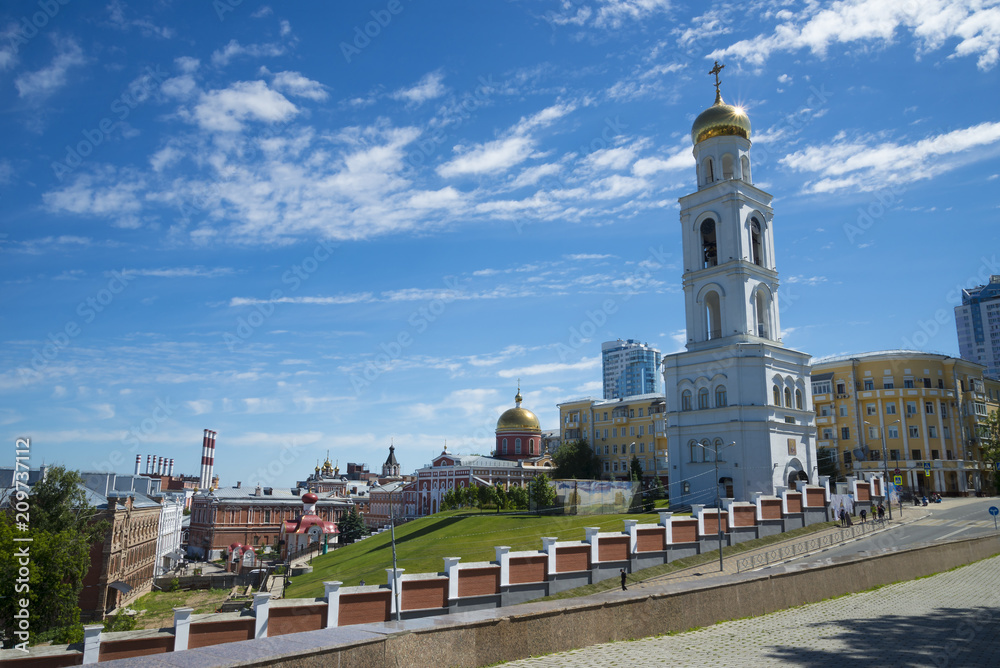 Bell tower with the Church of St. Nicholas in Samara, Russia. On a Sunny summer day. 17 June 2018