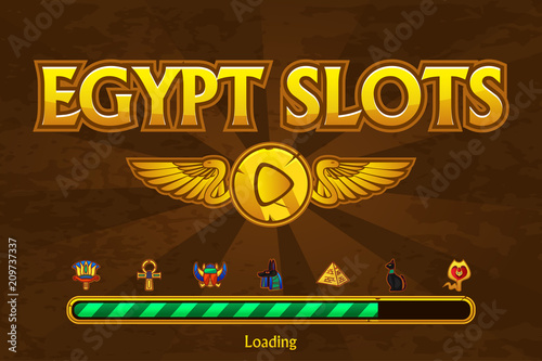 Egyptian slots on background and casino icons. Button play and loading game