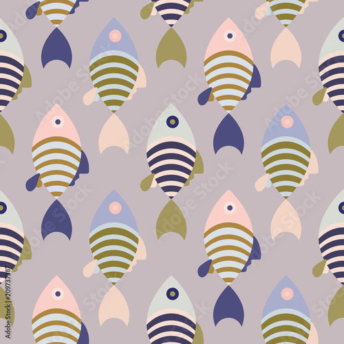 Striped cartoon fish seamless vector pattern. Ocean life print repeat pattern background.
