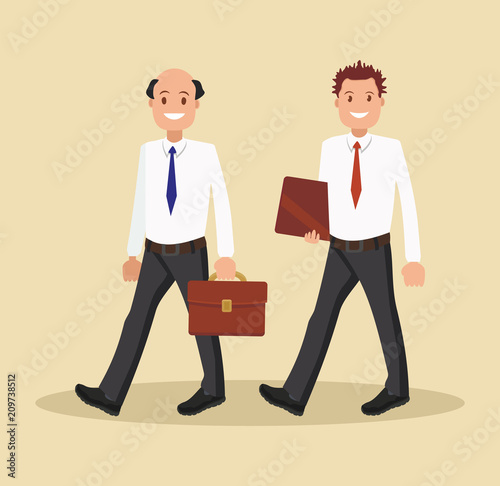 Two businessmen in white shirts go to the office.
