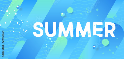 Horizontal blue summer party banner with graphic elements and text.  