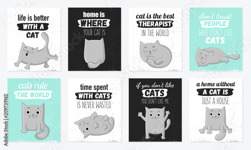 Vector cartoon set of cards with cute cats and funny lettering phrases.