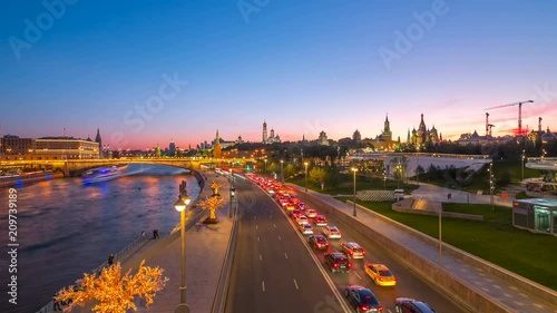 Timelapse video of Moscow landmark and road with traffic during sunset from Zaryadye Park photo