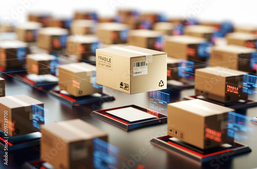 Packages are transported in high-tech Settings,online shopping,Concept of automatic logistics management. photo