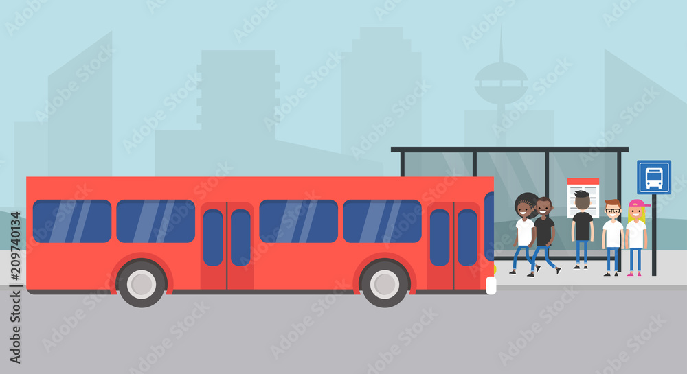 Bus station. Passengers waiting for a bus. Cityscape. Urban scene. Public transportation. Flat editable vector illustration, clip art